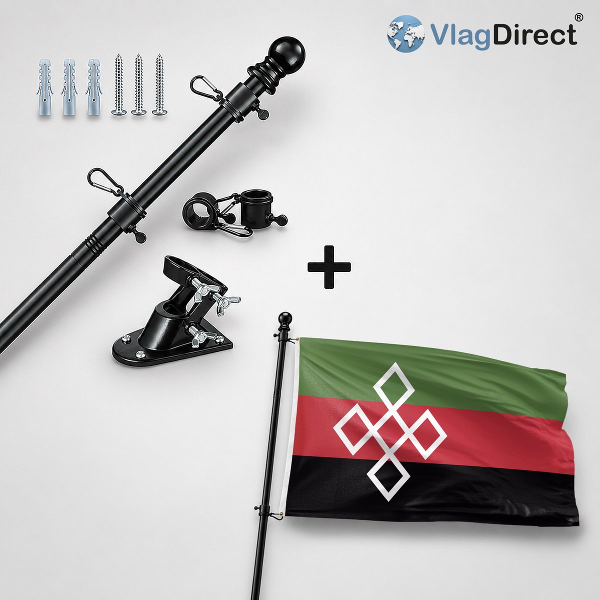 VlagDirect - Compleet vlaggenpakket - Zwarte vlaggenstok inclusief vlaggenstokhouder + Rucphen vlag - Gemeente Rucphen vlag - 90 x 150 cm.