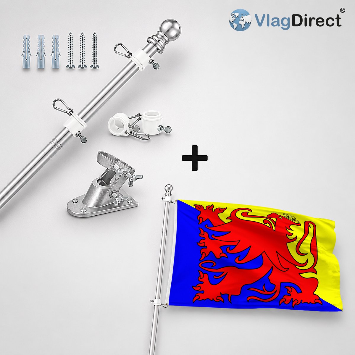 VlagDirect - Compleet vlaggenpakket - Zilveren vlaggenstok inclusief vlaggenstokhouder + Truiense vlag - Gemeente Sint-Truiden vlag - 90 x 150 cm.