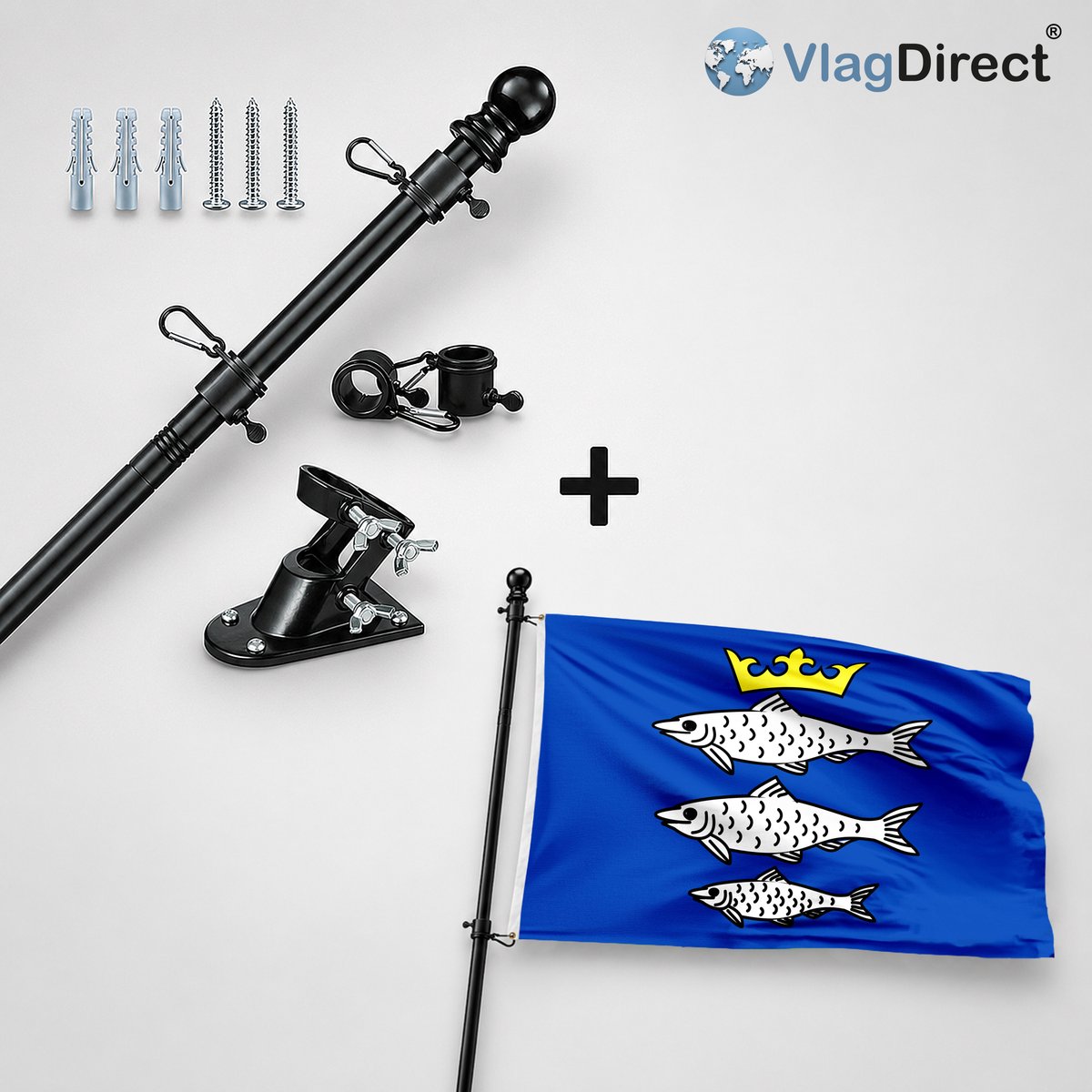 VlagDirect - Compleet vlaggenpakket - Zwarte vlaggenstok inclusief vlaggenstokhouder + Gemeente Chiny vlag - 90 x 150 cm.