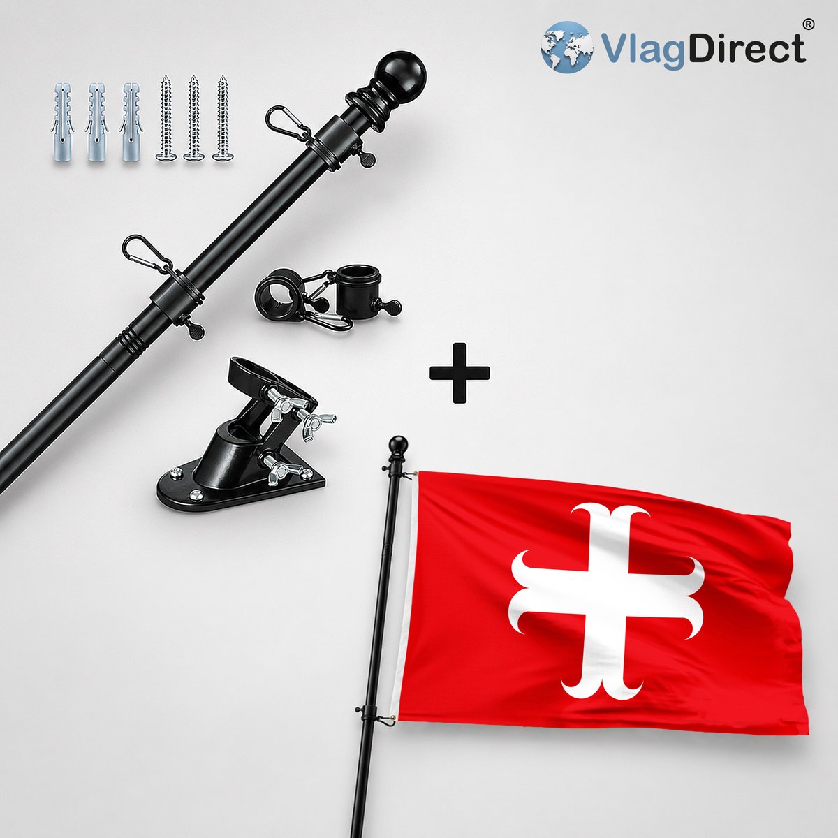 VlagDirect - Compleet vlaggenpakket - Zwarte vlaggenstok inclusief vlaggenstokhouder + Gemeente Chapelle-lez-Herlaimont vlag - 90 x 150 cm.