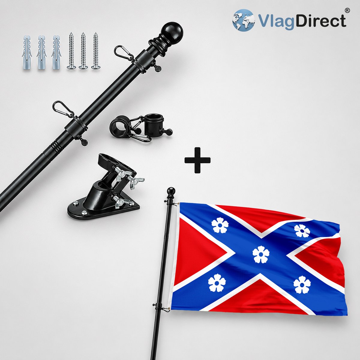 VlagDirect - Compleet vlaggenpakket - Zwarte vlaggenstok inclusief vlaggenstokhouder + Gemeente Frasnes-lez-Anvaing vlag - 90 x 150 cm.