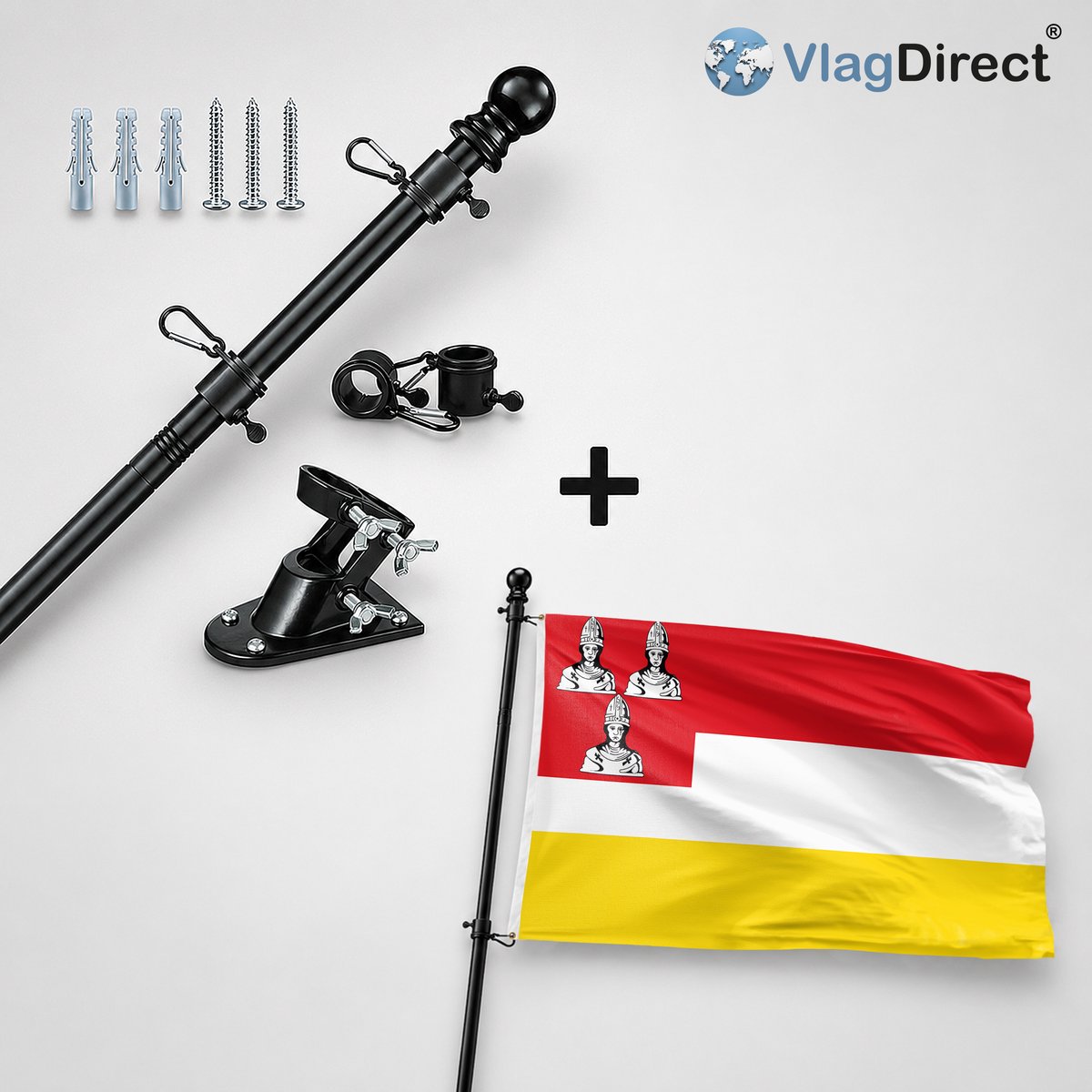 VlagDirect - Compleet vlaggenpakket - Zwarte vlaggenstok inclusief vlaggenstokhouder + Eemnes vlag - Gemeente Eemnes vlag - 90 x 150 cm.