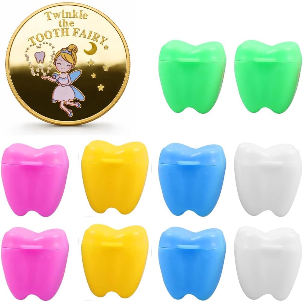 melktanddozen set - 10 stuks met herdenkingsmunt - tandvormige opbergdoos - ideaal voor kinderen in de tandfase - ShopVlot