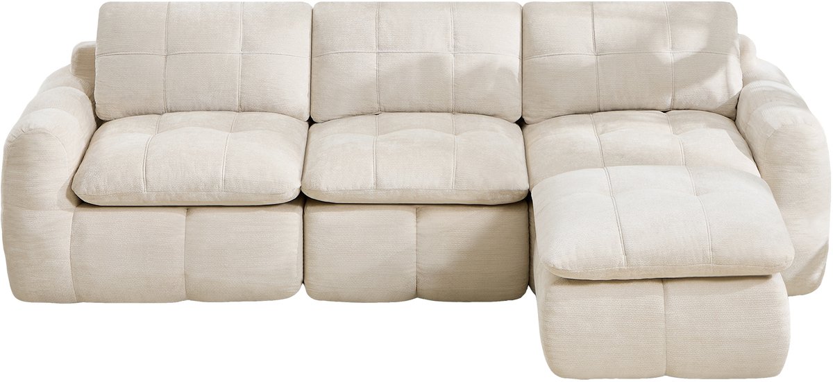 OKWISH Hoekbank 3-Zits L-Vormig Modulsofa Met Hocker - Chenille, 32D Hoogdichts Schuim En Zonder Montage - Woonkamer - Beige