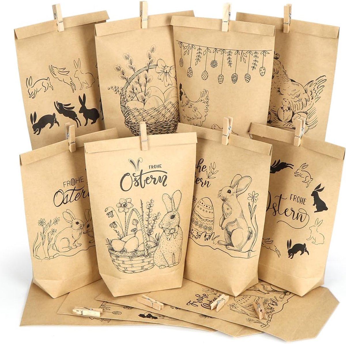 Geschenkzakjes Pasen 12 stuks - zwart bedrukt kraftpapier - met houten knijpers - voor paascadeautjes - ShopVlot