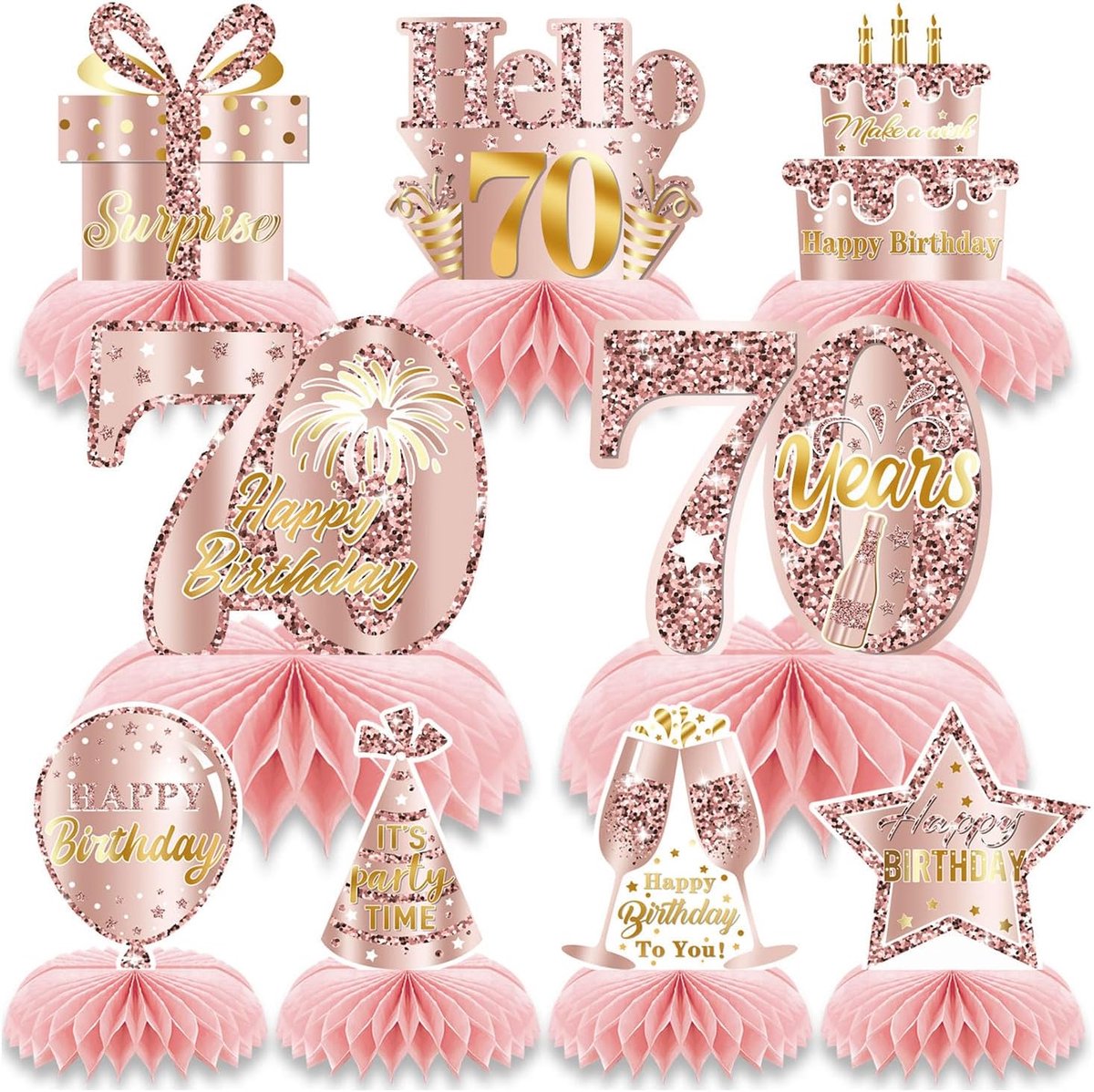 Honeycomb tafeldecoratie 70 jaar - roze goud - 9 delig - feestelijke verjaardagsdecoraties - ShopVlot