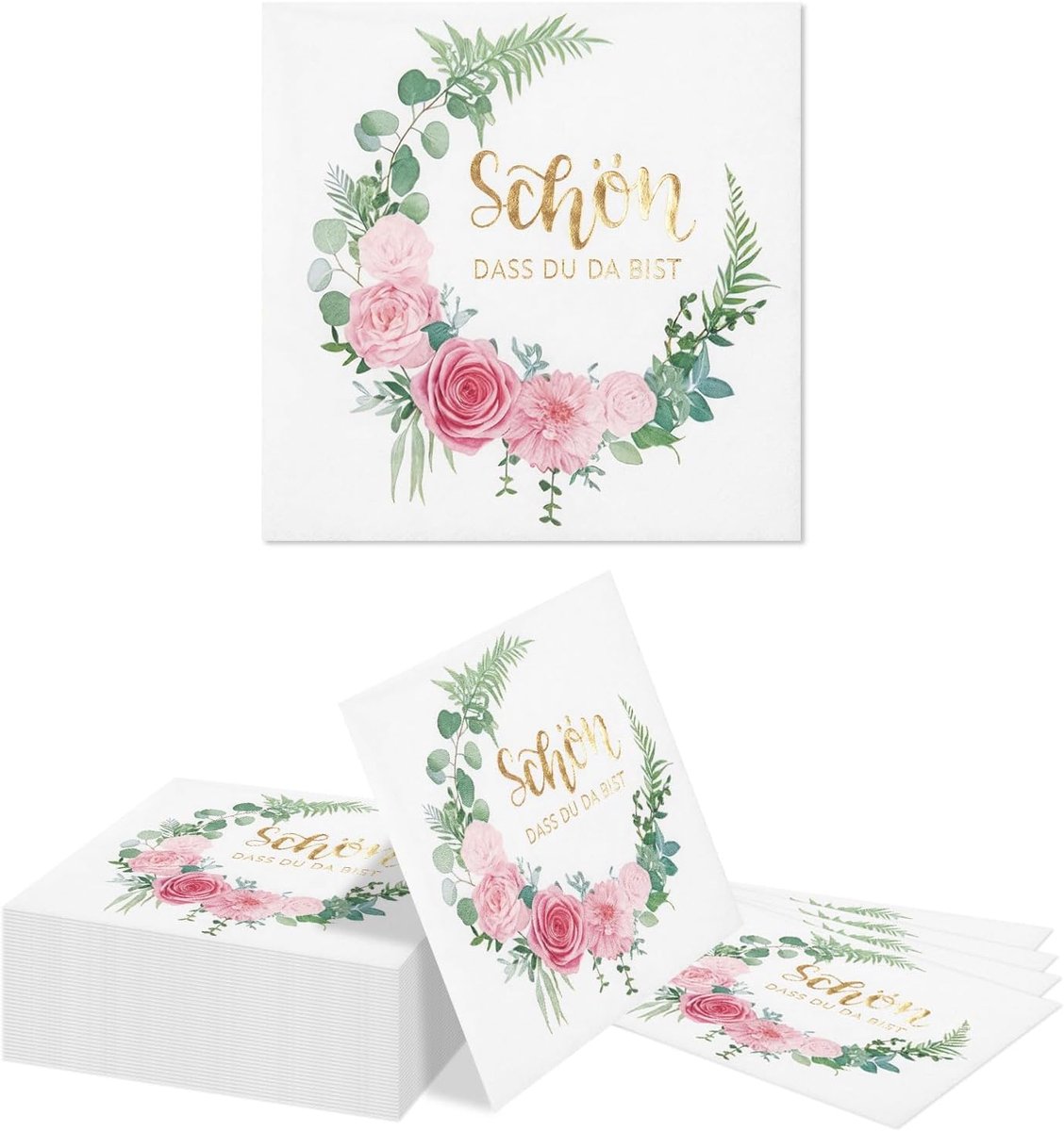 Papieren servetten 33x33cm - 80 stuks - bloemenkrans met rozen & eucalyptus - perfect voor bruiloften - ShopVlot
