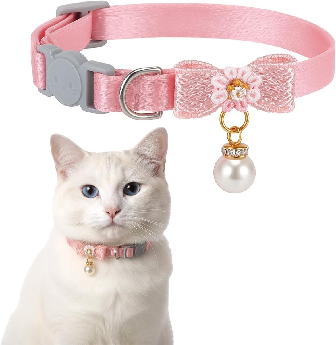 Verstelbare roze kattenhalsband met parel en strik, schattige en veilige halsbanden voor kittens en katten