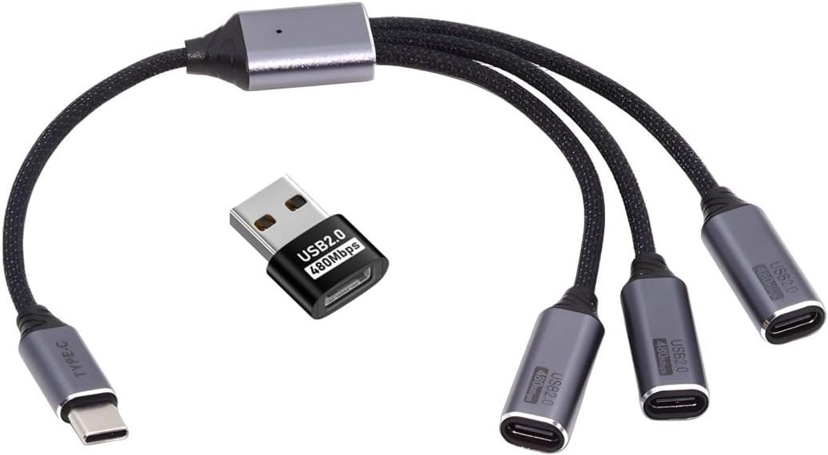 USB 2.0 splitter kabel 3-in-1 - 26 cm - USB C hub met OTG ondersteuning - Verbinding voor meerdere apparaten - ShopVlot