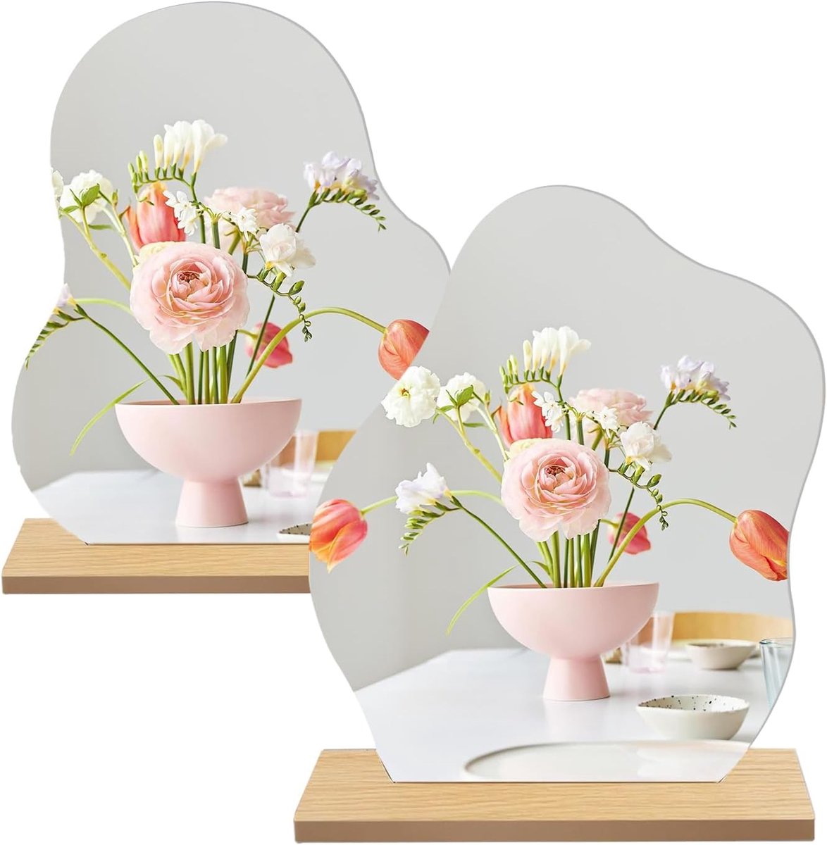 Acrylic Make-Up Mirror, 2 Pieces, Wooden Pedestal, 24 x 20 cm - ShopVlot