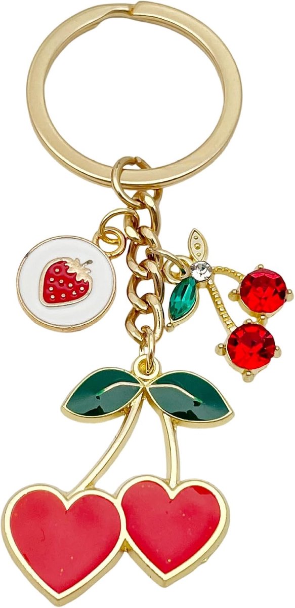 Emaille hart kers sleutelhangers ronde aardbei fruit sleutelring dames handtas autosleutels bedels - ShopVlot