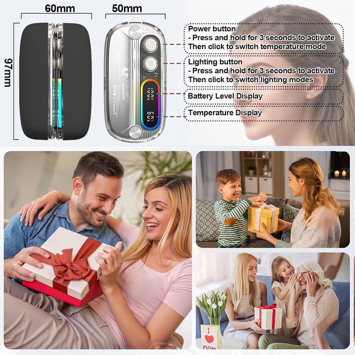 Elektrische Handwarmers Oplaadbaar - Set van 2 - 4 Warmtestanden - 6000 mAh - Magnetisch - Perfect voor Buiten & Camping — cadeau in Sport & Outdoor - foto 4