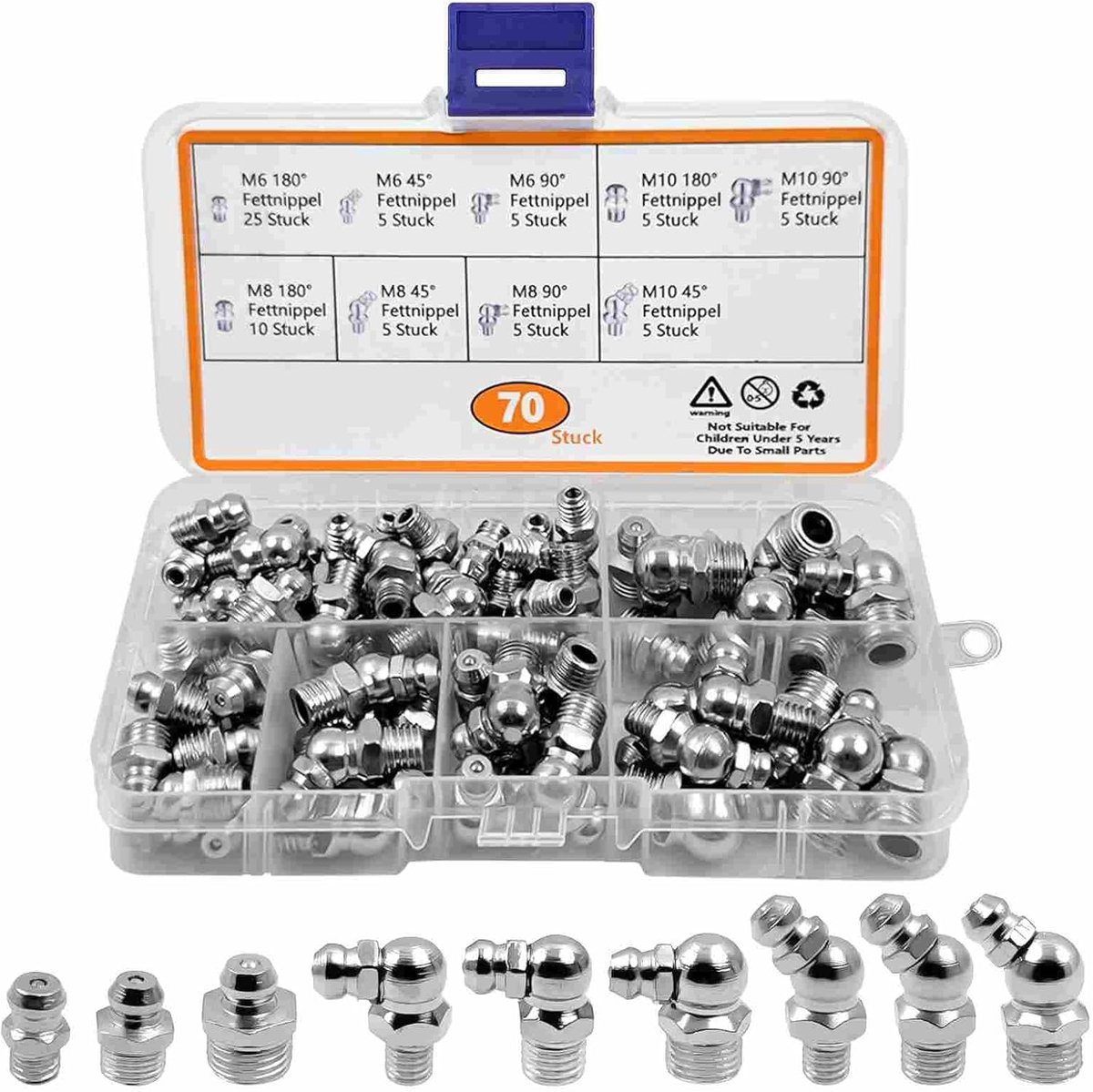 Mooshy 70 Pieces Grease Nipples Assortment M6 M8 M10 Straight and Curved 45 Degrees 90 Degree 180 Degree Cones - ShopVlot
