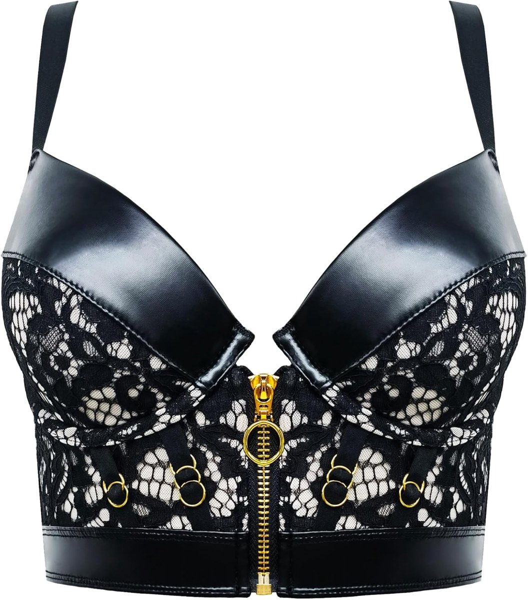 Women's Demi Faux Leather Hollow Lace Bra with Open Front Zip - ShopVlot