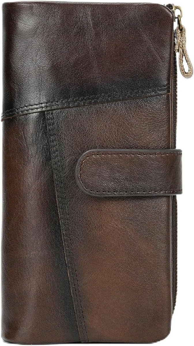 LUUFAN Men's Genuine Leather Long Wallet with Multiple Card Slots Vintage Coin Cash Wallet, Coffee - ShopVlot