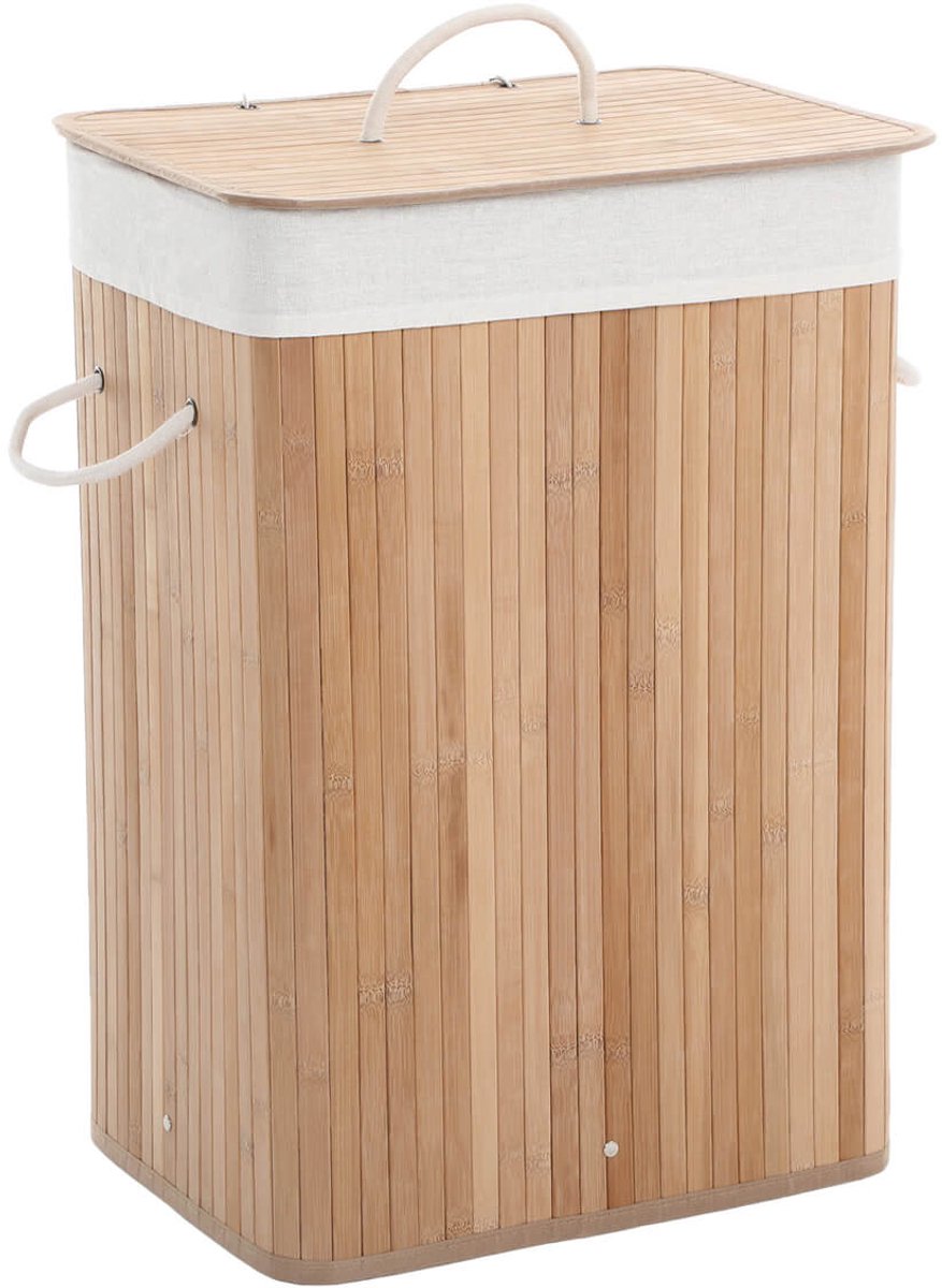 Wasmand opbergmand 40x30x60cm houtkleur groot volume 72 liter met handgrepen deksel tegen geur en afneembare wasbare katoenen binnenzak draagvermogen 20kg opvouwbaar ontwerp ruimtebesparend geschikt voor slaapkamer badkamer en wasruimte