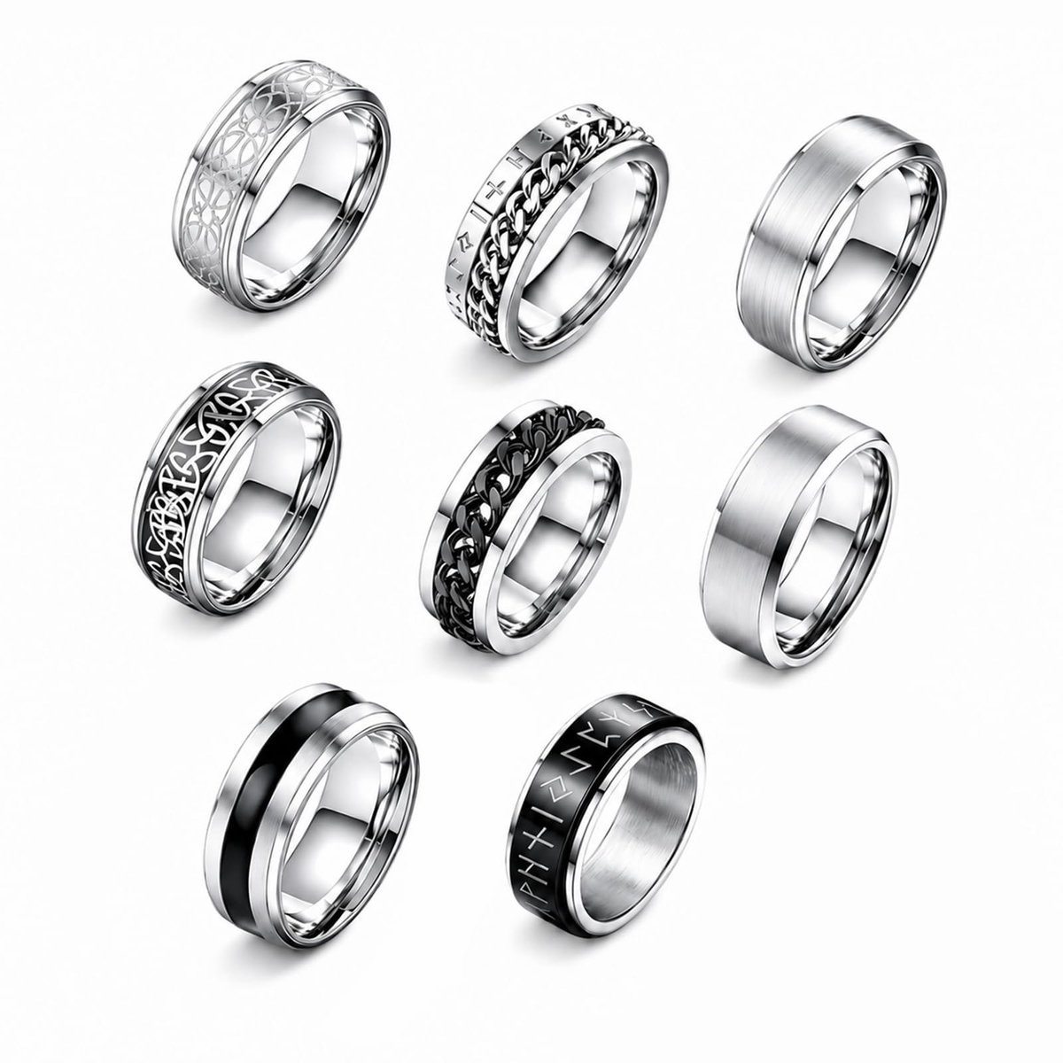 LIULINY 8 stuks herenringen van roestvrij staal, anti-stress ring voor heren en dames, anti-stress-ringen, verlichten - ShopVlot