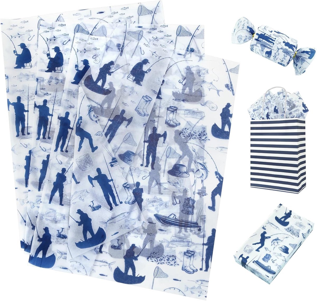 Vispapier voor jongens en heren, 50 vellen blauw vissersthema inpakpapier, vissersontwerp geschenkverpakking voor - ShopVlot