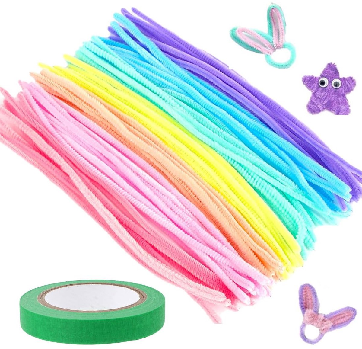 100 stelen van chenille, 7 kleuren, inclusief plakband, ideaal voor kinderhandwerk, schoolactiviteiten en - ShopVlot