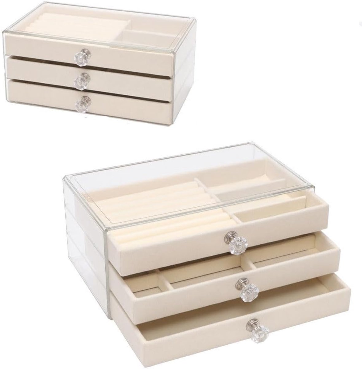 Acrylic Jewellery Box, 3 Drawer Jewellery Storage Box with Velvet Lining and Handles for Earrings, Rings, Necklaces - ShopVlot
