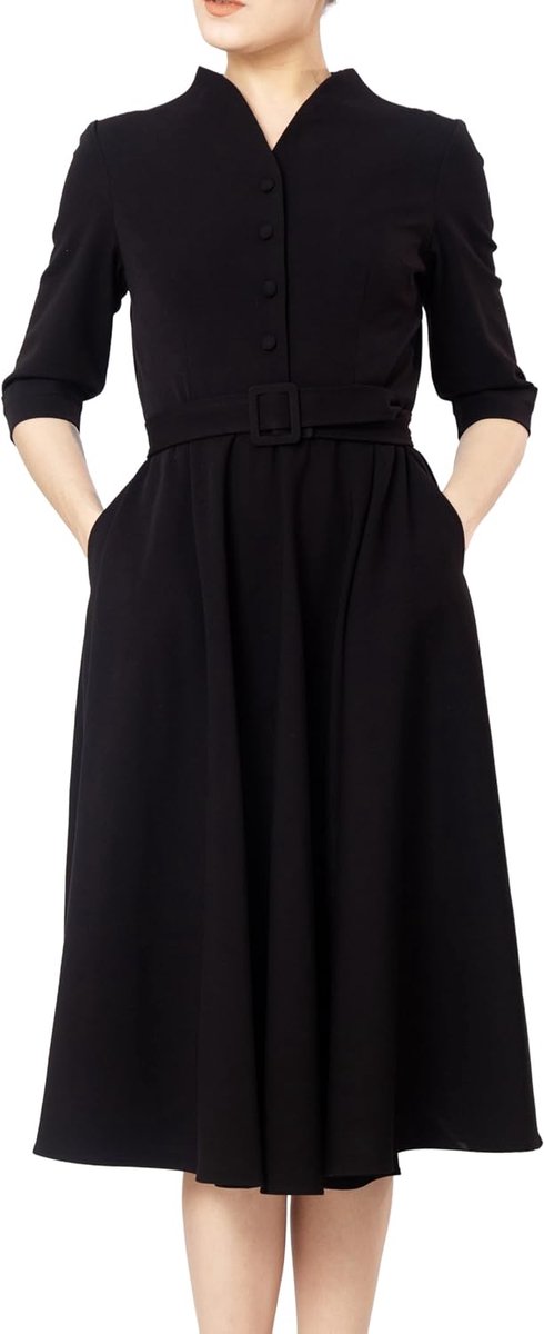 Women's Fit and Flare Tea Midi Dress with Button Down for Office and Work - ShopVlot