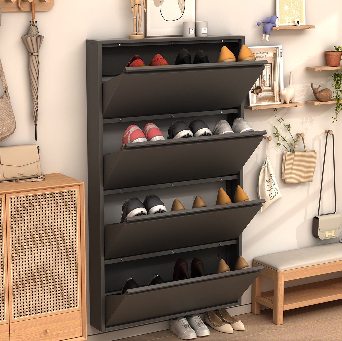 OKWISH Schoenkast - Wandmontage - 4 Kantelvakken - Smalle Opbergruimte Voor Entree - Metaal Zwart - Verpakkingsmaat 89x44.5x13.5 Cm