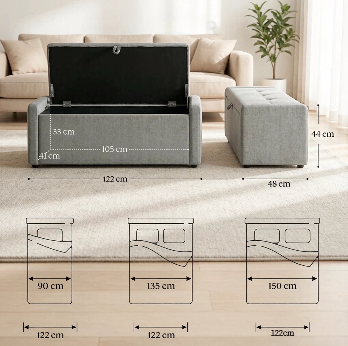 OKWISH Opbergbank 122 Cm – Bedbank Met Verborgen Opbergruimte En Geknoopte Bekleding – Voor Slaapkamer En Woonkamer – Linnen – Grijs