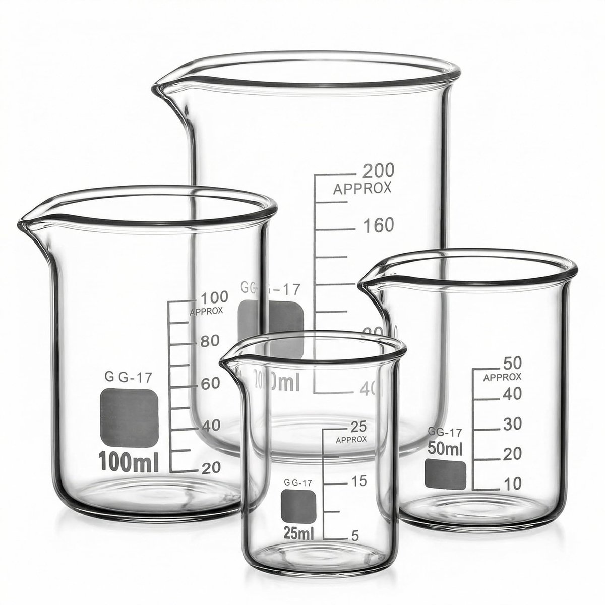 Glazen beker 25ml 50ml 100ml 200ml - set van 4 maatbekers - maatverdeling - ideaal voor laboratoriumkeuken - ShopVlot