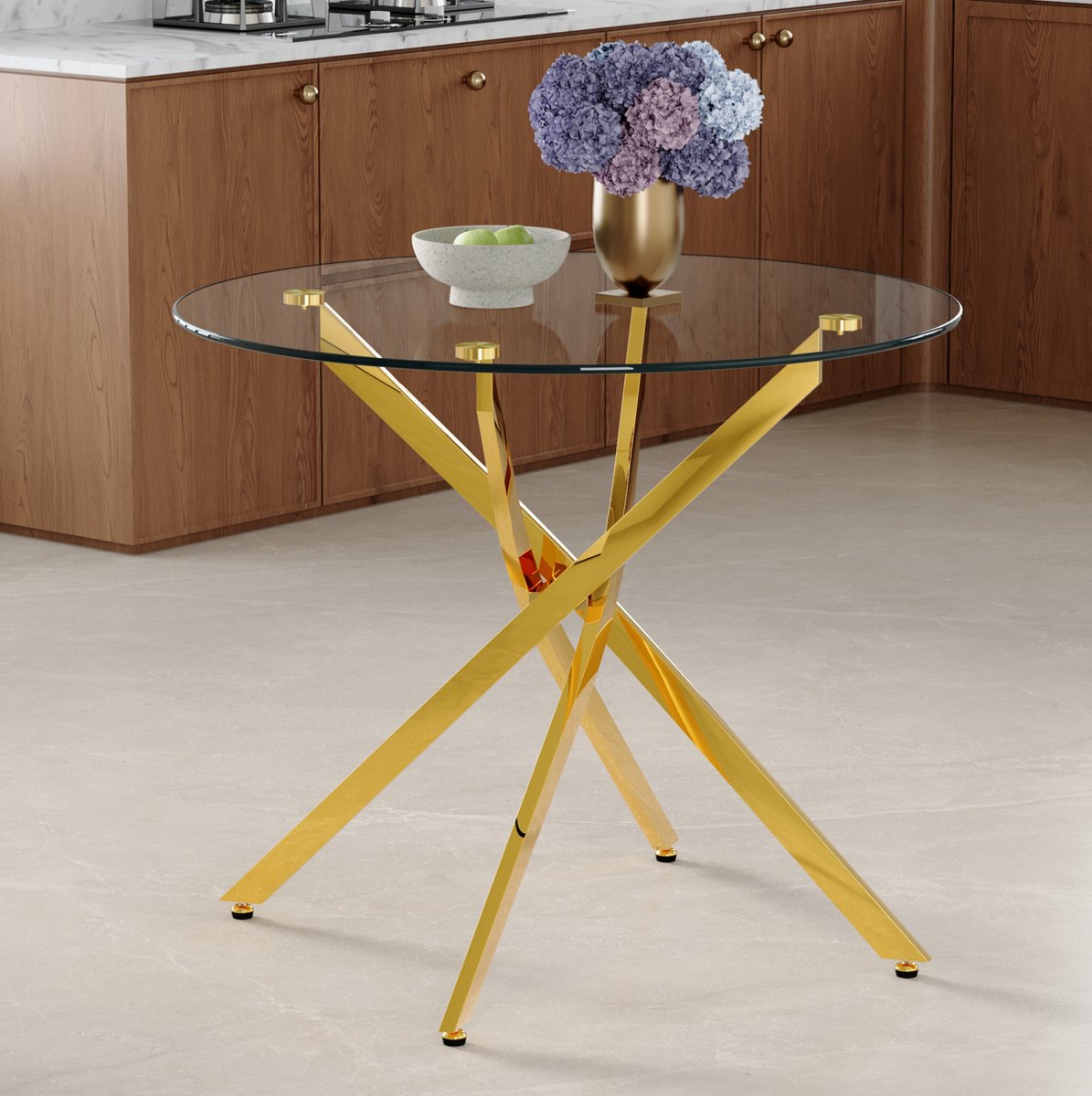 COVREO Eettafel 88 cm goud, van glas en metaal, geschikt voor 2-4 personen