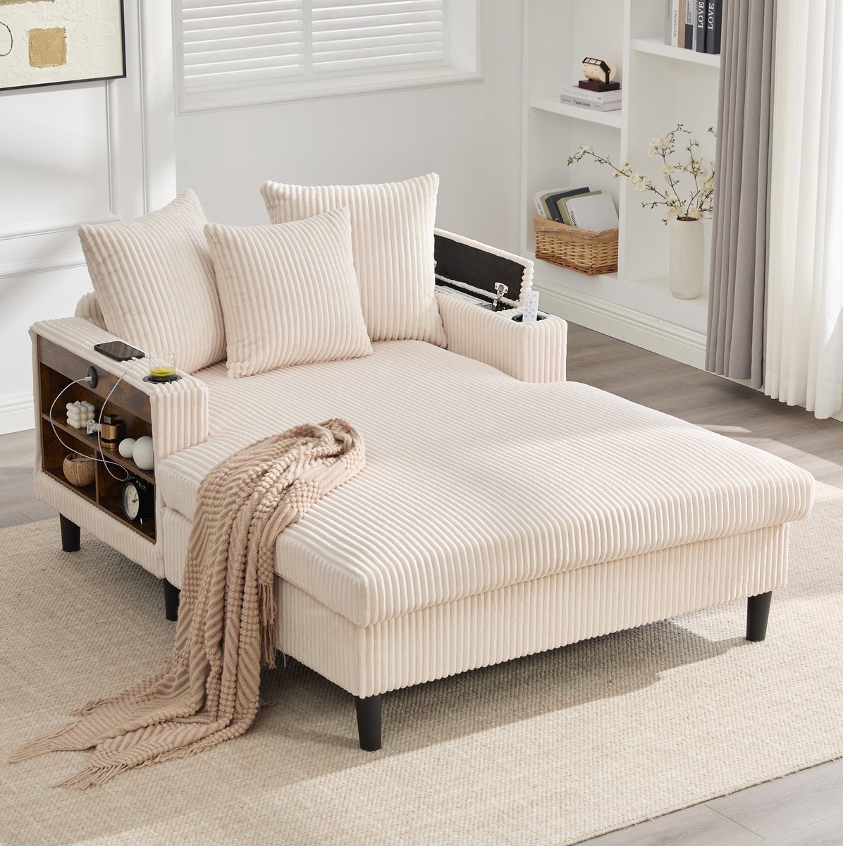 DESMIU Chaiselongue 1-Zits - Comfortabele Ribstof Lounge Met Opbergruimte, LED-Verlichting, Bekerhouders En USB-Oplaadpoort - Voor Woonkamer En Balkon - Ribstof - Beige