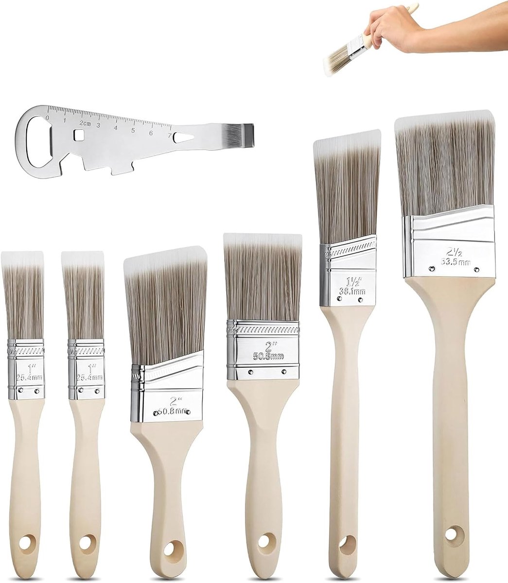 Lazuurkwastenset 7-delig - Platte kwasten met synthetische borstelharen - Houten handvat - ShopVlot