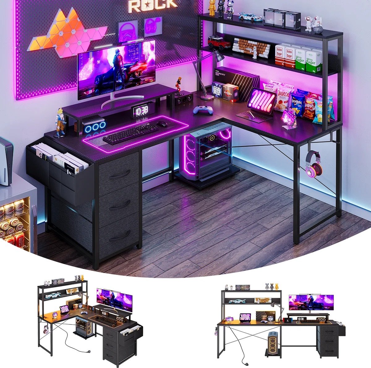 Parasha Nova Bureau - L-vormig bureau met opbergruimte - gamingbureau met LED-verlichting, computerbureau met stopcontact - hoekbureau met ladenkast en schermhouder thumbnail 4