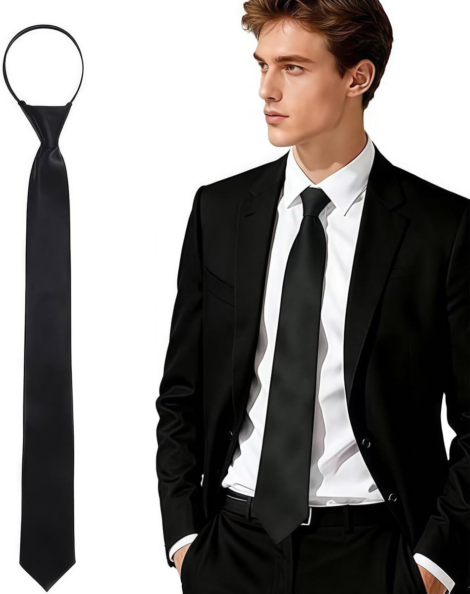 Black tie with zip - classic adjustable tie for men, elegant style for work, ceremony, school and formal occasions - ShopVlot