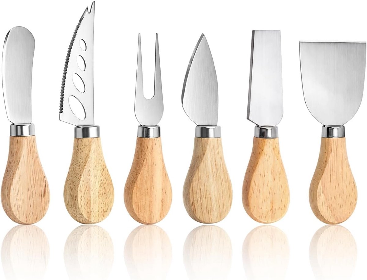 Set van 6 roestvrijstalen botermessen en kaasschaaf met houten handvat voor zachte kaas en desserts