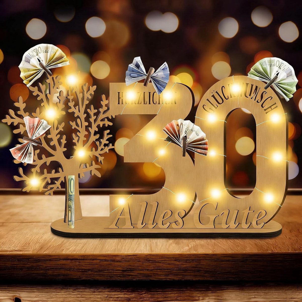 30e Verjaardag Cadeau voor Mannen en Vrouwen, Geldboom Decoratie met LED, Persoonlijk Houten Gastenboek en Levensboom Geschenk