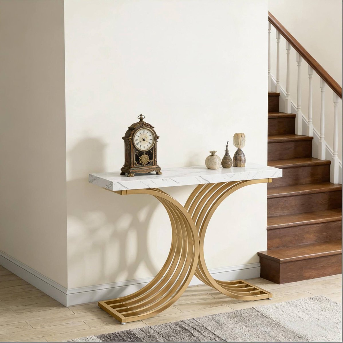 DESMIU Sidetable - Marmerlook Blad Met Gouden Metalen Frame - Voor Hal En Woonkamer - Hout - 100x30x80 Cm - Goud En Wit