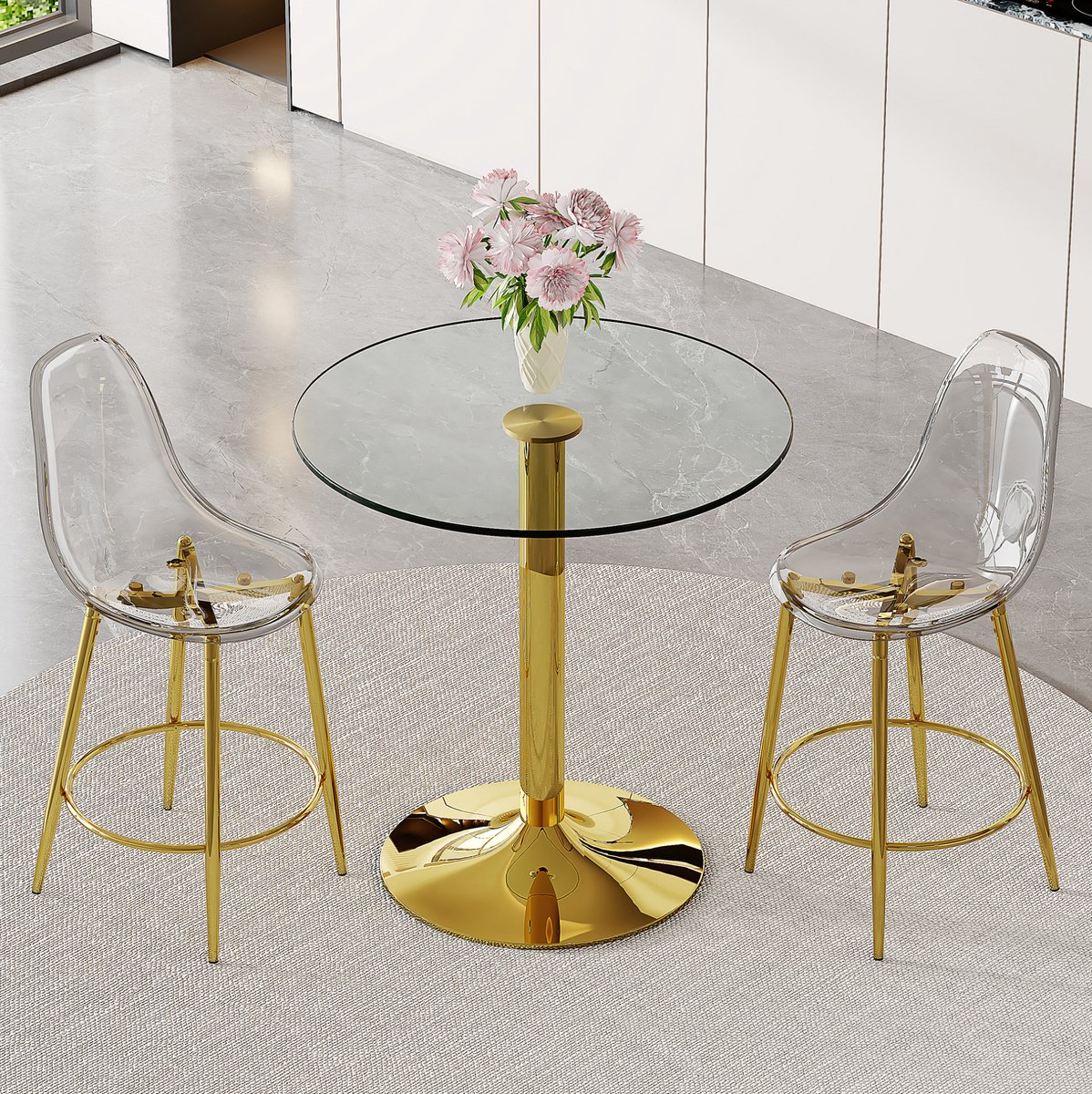 COVREO Barset 89 cm transparant glas, goudkleurig metaal, 2 stoelen
