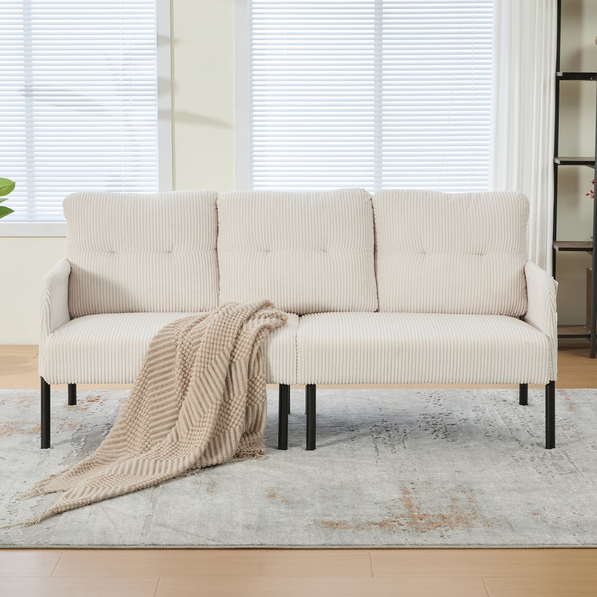 DESMIU Zitbank 3-Zits - Comfortabele Cord Bank Met Zijvak En Hoge Rugleuning - Voor Woonkamer, Slaapkamer En Thuiswerkplek - Cord - Beige