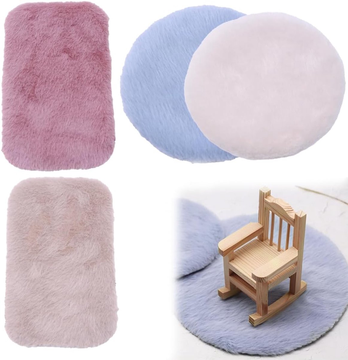 4 Pieces Miniature Carpets, Dollhouse Rug, Dollhouse Nook Mat, Round 12 cm Beige, Oval Pink & Khaki, Round 18 cm Blue - ShopVlot