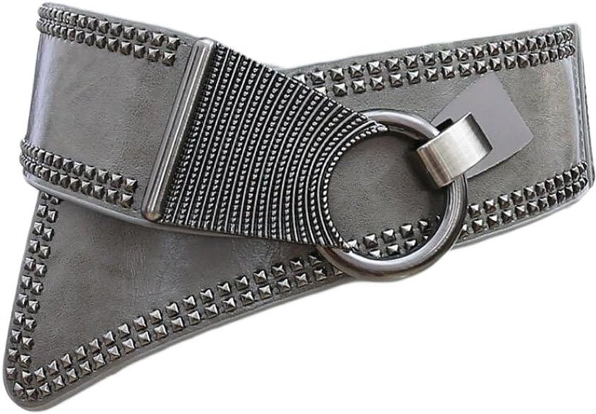 ladies rivets elastic belt with metal buckle ladies waist cincher dress decoration, frosted grey, One Size - ShopVlot