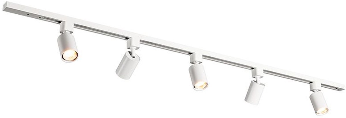 HOFTRONIC railverlichting pakket recht – 1,5 meter – 5 GU10 railspots 2700K warm wit – dimbaar – aluminium wit – IP20 – modulair – 230V – railspots wit woonkamer keuken
