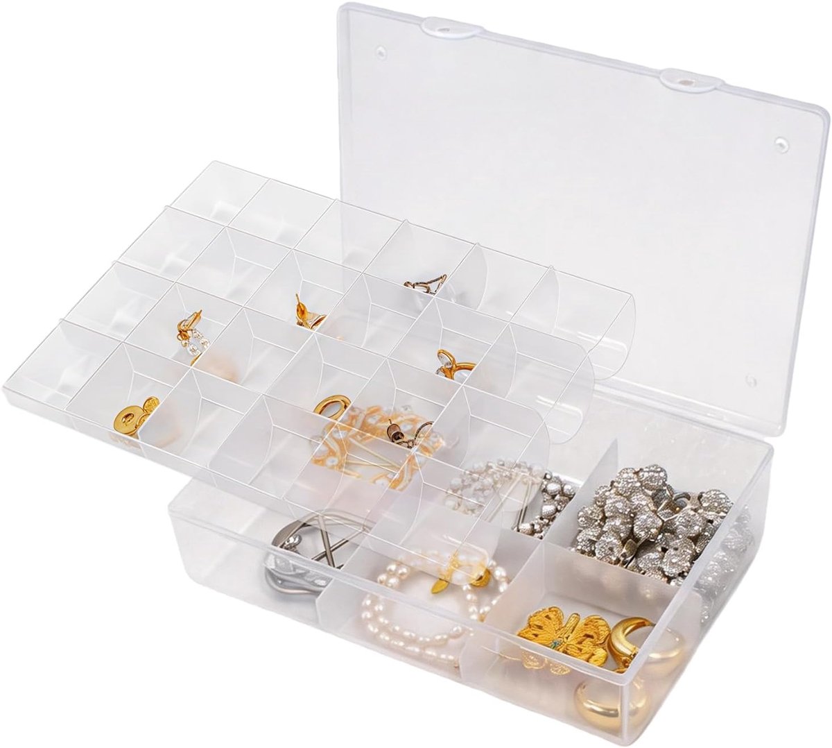 30 vakken, dubbellaagse transparante opbergdoos voor sieraden, 17,5 x 12 cm, kunststof sieradenorganizer met vakken - ShopVlot