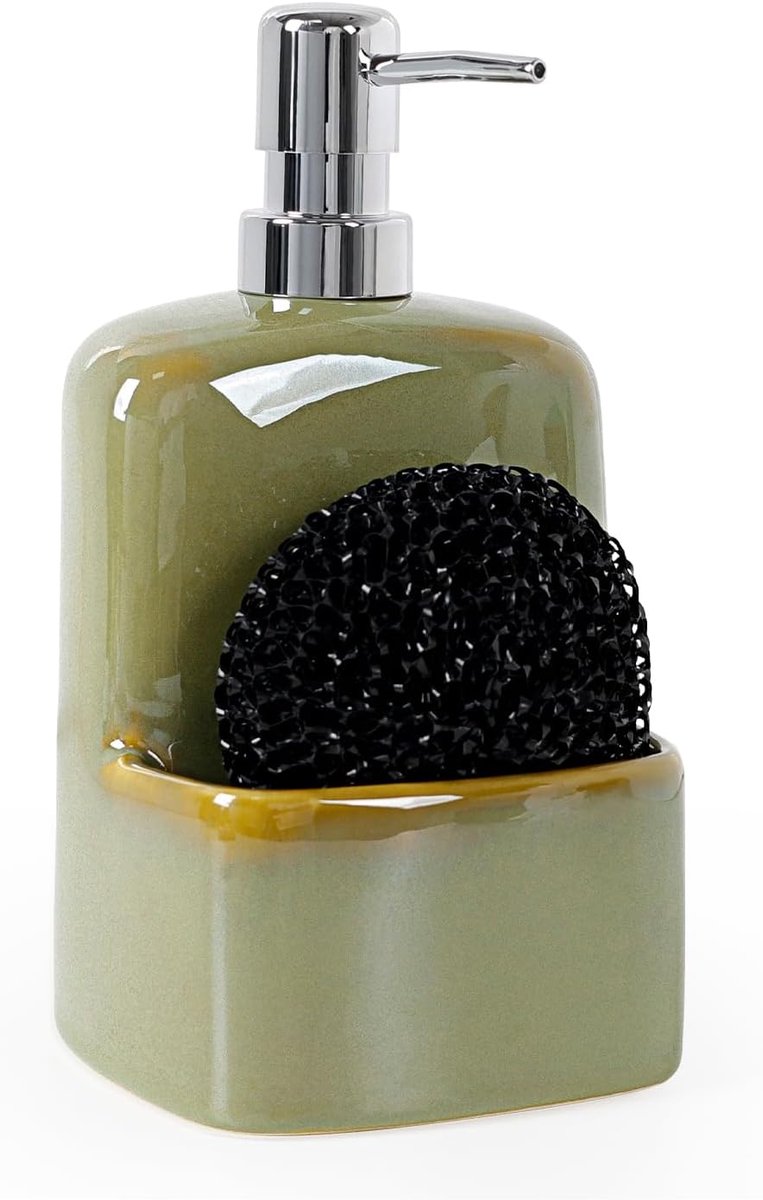 Soap Dispenser, Green, Ceramic, Dish Detergent Dispenser with Sponge Holder for Kitchen, Refillable Soap Dispenser - ShopVlot