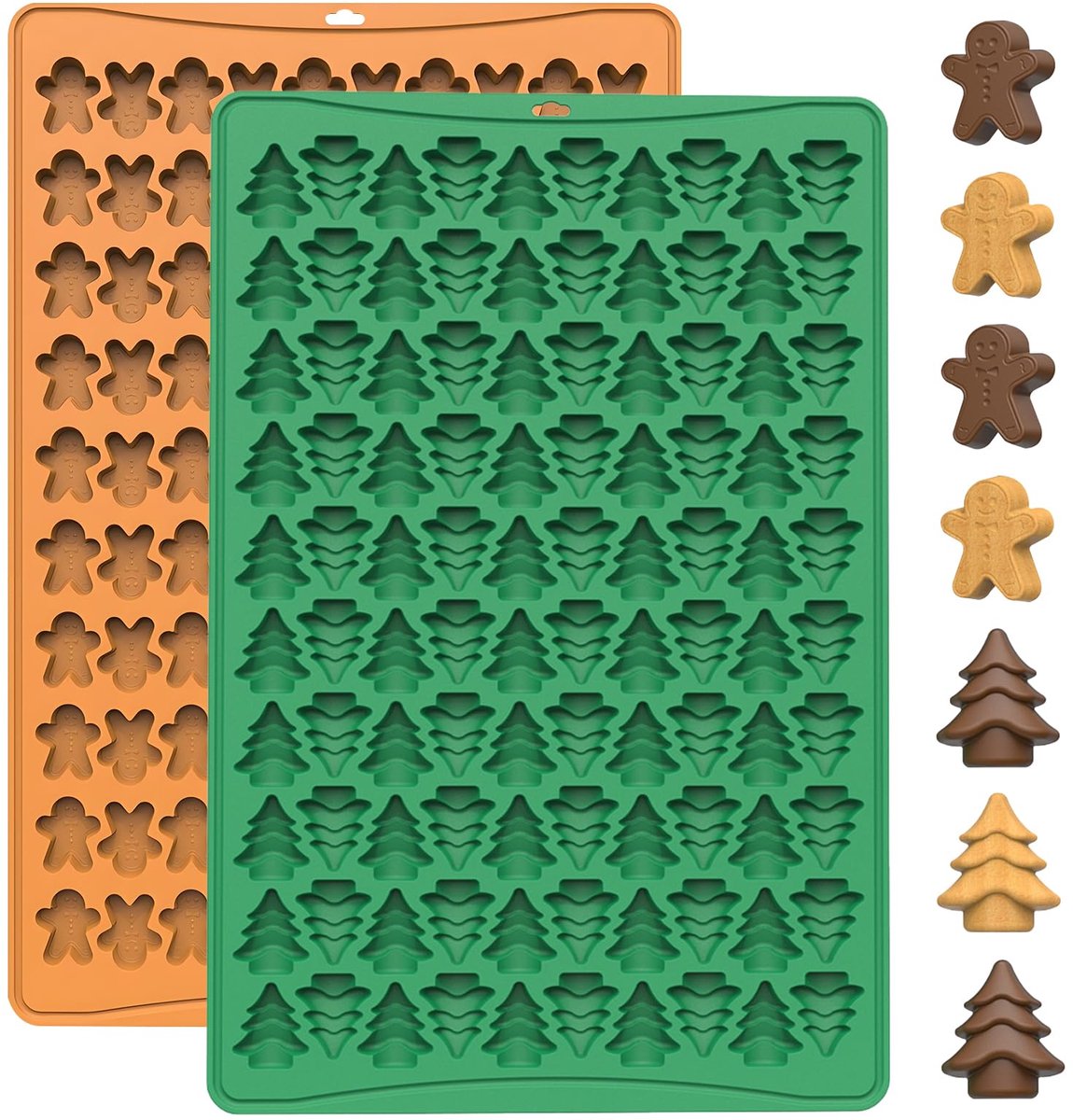 Set van 2 siliconen bakvormen, kerstboom en peperkoekmannetmotieven, 2 stuks, groen en oranje (BG113) - ShopVlot