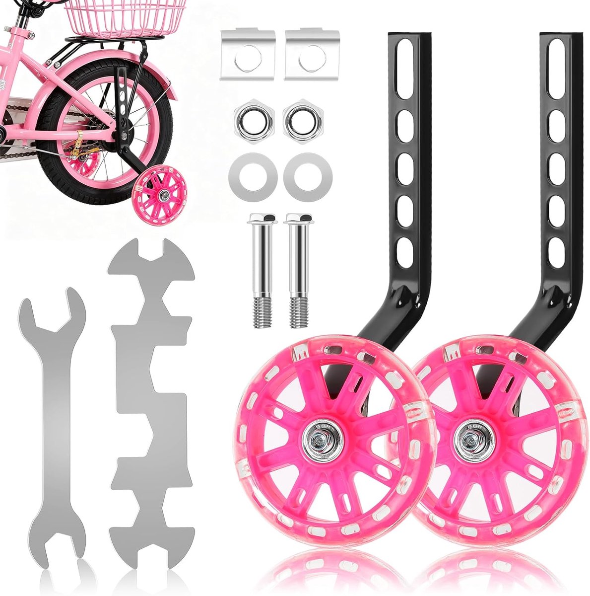 1 paar steunwielen, fietssteunwielen, verstelbare veiligheidssteunwielen voor kinderfiets met Mute Flash wielen - ShopVlot