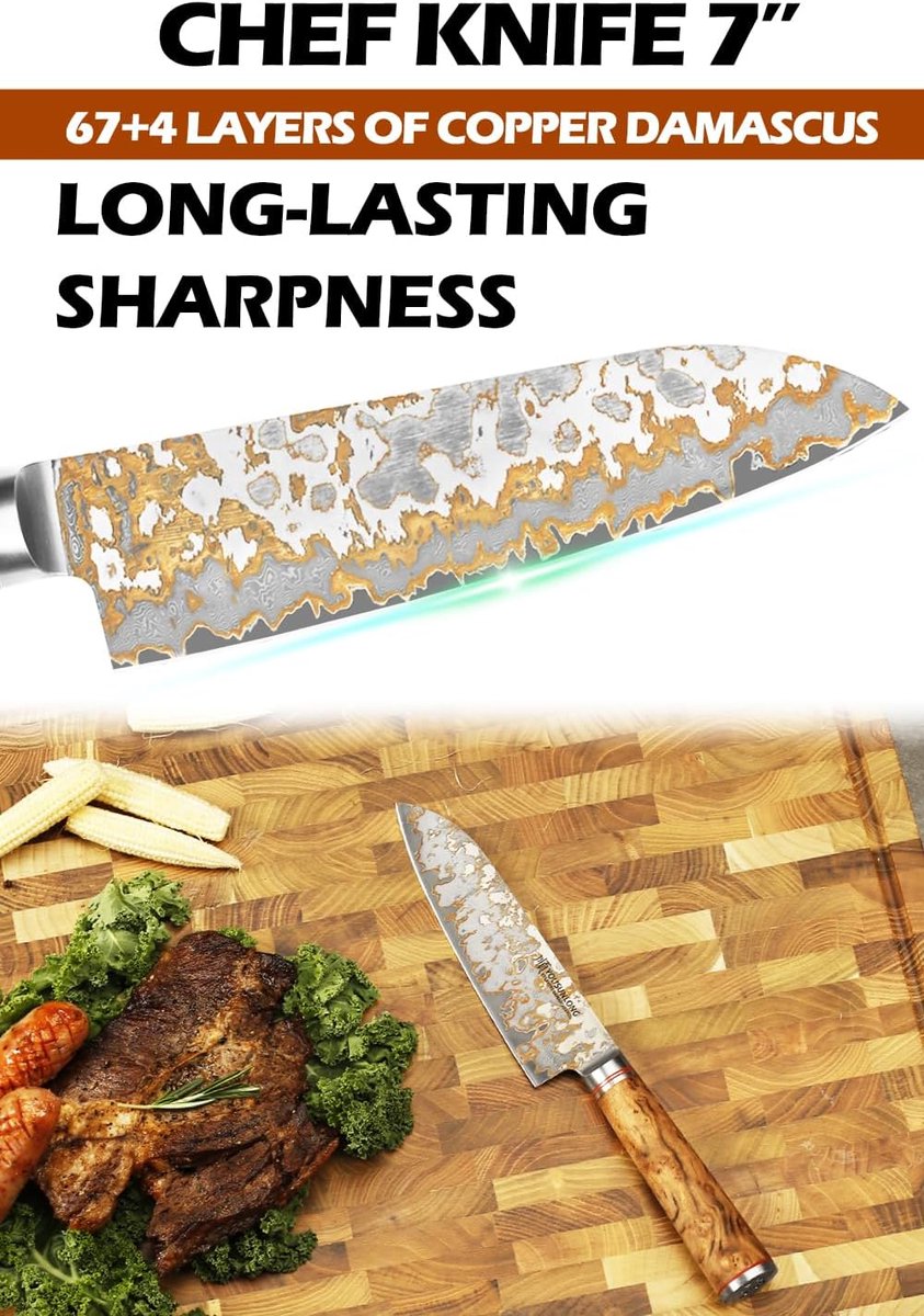 YOUSUNLONG Damask Knife: 168 mm Copper Damask Steel Blade Handmade in Japan, Professional Chef Knife, Sharp as a - ShopVlot