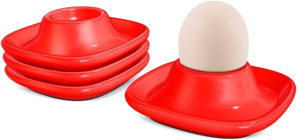 Flexzion Soft Boiled Egg Holders Set - 4 Piece Red Ceramic Egg Cups, Stackable Egg Cups with Base for Serving - ShopVlot