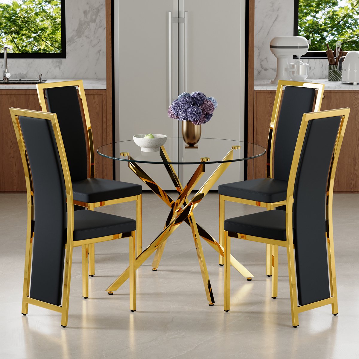 COVREO Set tafel en stoelen 88 cm, zwart-goud, glas en metaal, 4 stoelen