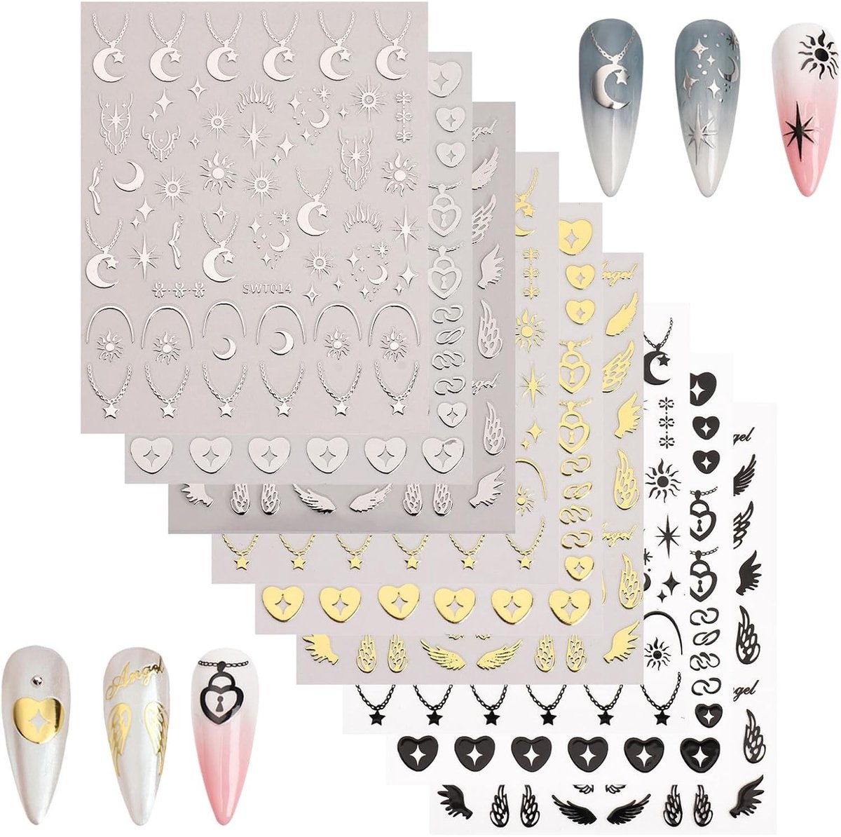 3D Nagelstickers met Hartjes, Sterren en Engelenvleugels - Glitter Decoratie voor Nail Art, Zelfklevend en Perfect voor Nageldesign