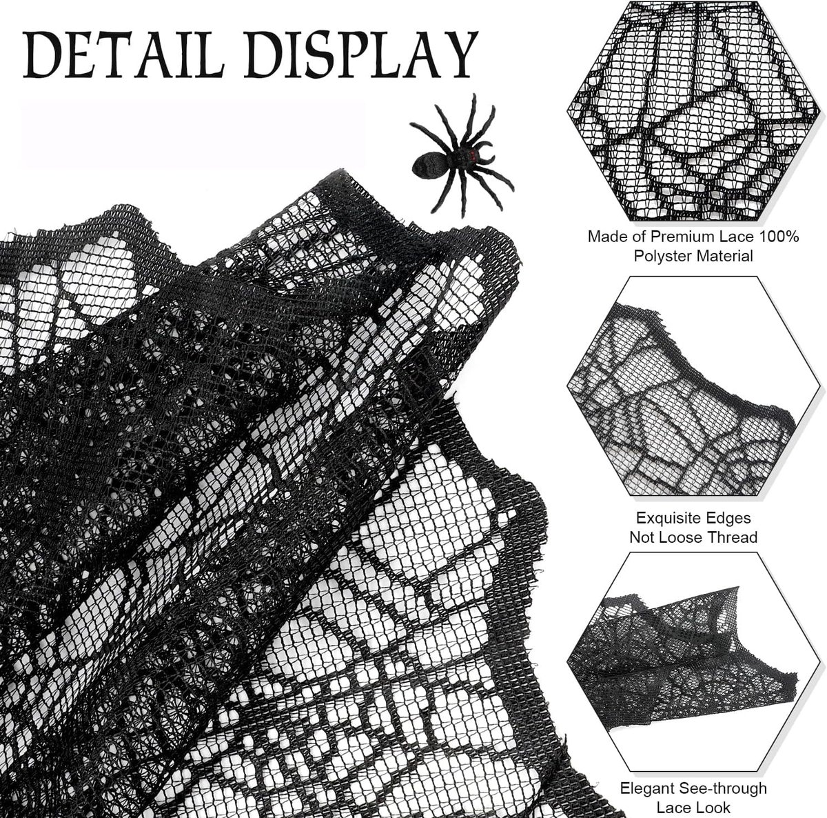 Tafelkleed zwart kant 45 x 183 cm - Halloween tafelrunner - spinnennest patroon - stijlvolle decoratie voor feest - ShopVlot